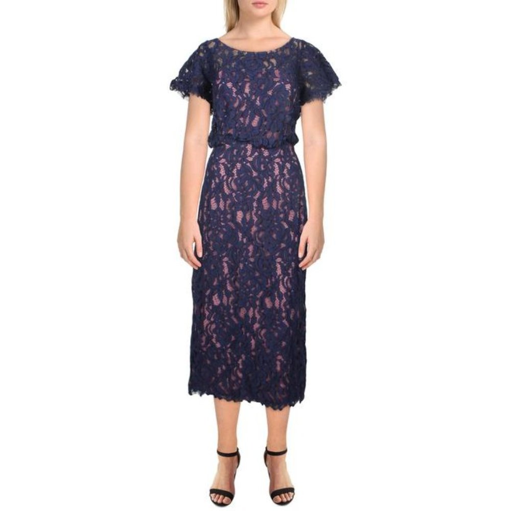 JS Collections Embroidered Lace Blouson Dress in Navy Rose NWT